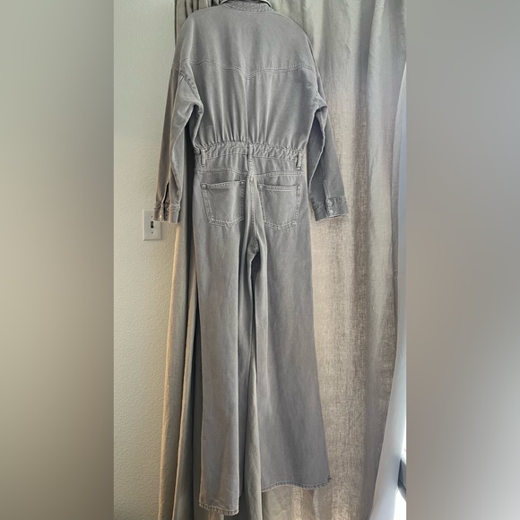 Zara Taupe Denim Flare Leg Split Hem Jumpsuit Overalls Coveralls Blogger Fav - Picture 9 of 13